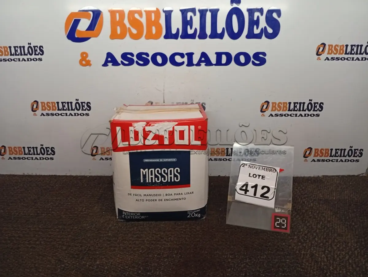 LOTE 412 - 01 MASSA CORRIDA MARCA LUZTOL 20KG(NOVO). (NO ESTADO) ATENÇÃO! FAZER A VISITAÇÃO ANTES DE ARREMATAR, NÃO SABEMOS SE FUNCIONA. LEILÃO NÃO TEM GARANTIA E NEM DEVOLUÇÃO, SUJEITO A POSSÍVEIS AVARIAS VISÍVEIS/OCULTAS E/OU AUSÊNCIA DE COMPONENTES.