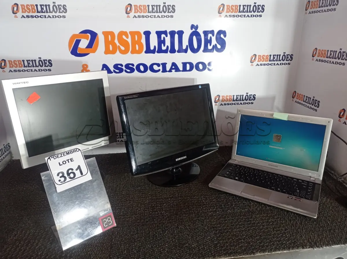 LOTE 361 - 01 NOTEBOOK MARCA SAMSUNG E 02 MONITORES MARCAS E MODELOS DIVERSOS. (NO ESTADO) ATENÇÃO! FAZER A VISITAÇÃO ANTES DE ARREMATAR, NÃO SABEMOS SE FUNCIONA. LEILÃO NÃO TEM GARANTIA E NEM DEVOLUÇÃO, SUJEITO A POSSÍVEIS AVARIAS VISÍVEIS/OCULTAS E/OU AUSÊNCIA DE COMPONENTES.