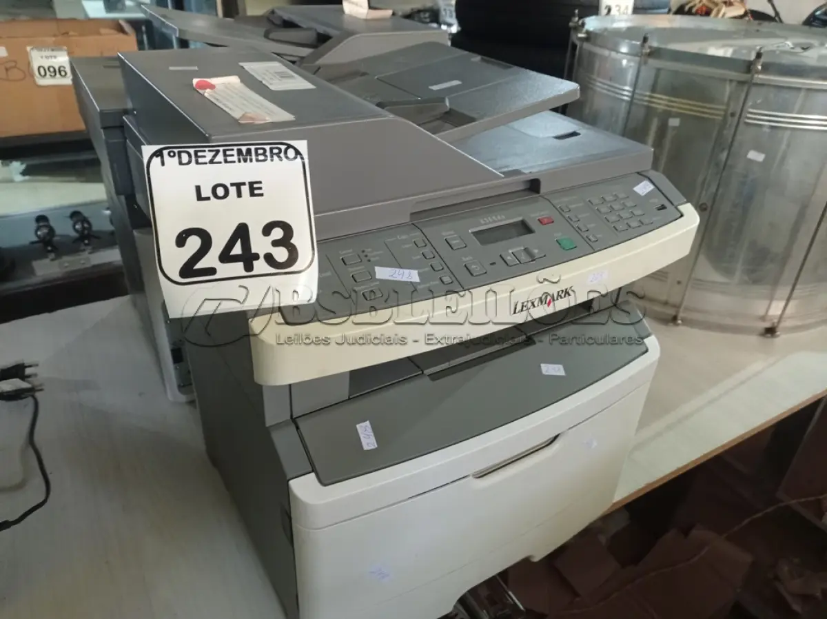 LOTE 243 - 02 IMPRESSORAS MULTIFUNCIONAIS MARCA LEXMARC. (NO ESTADO) ATENÇÃO! FAZER A VISITAÇÃO ANTES DE ARREMATAR, NÃO SABEMOS SE FUNCIONA. LEILÃO NÃO TEM GARANTIA E NEM DEVOLUÇÃO, SUJEITO A POSSÍVEIS AVARIAS VISÍVEIS/OCULTAS E/OU AUSÊNCIA DE COMPONENTES.