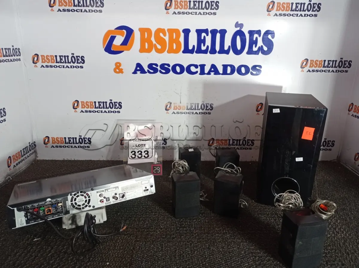 LOTE 333 - 01 HOME-THEATER MARCA LG. (NO ESTADO) ATENÇÃO! FAZER A VISITAÇÃO ANTES DE ARREMATAR, NÃO SABEMOS SE FUNCIONA. LEILÃO NÃO TEM GARANTIA E NEM DEVOLUÇÃO, SUJEITO A POSSÍVEIS AVARIAS VISÍVEIS/OCULTAS E/OU AUSÊNCIA DE COMPONENTES.