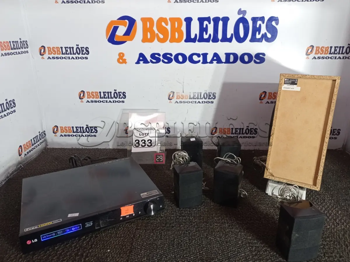 LOTE 333 - 01 HOME-THEATER MARCA LG. (NO ESTADO) ATENÇÃO! FAZER A VISITAÇÃO ANTES DE ARREMATAR, NÃO SABEMOS SE FUNCIONA. LEILÃO NÃO TEM GARANTIA E NEM DEVOLUÇÃO, SUJEITO A POSSÍVEIS AVARIAS VISÍVEIS/OCULTAS E/OU AUSÊNCIA DE COMPONENTES.