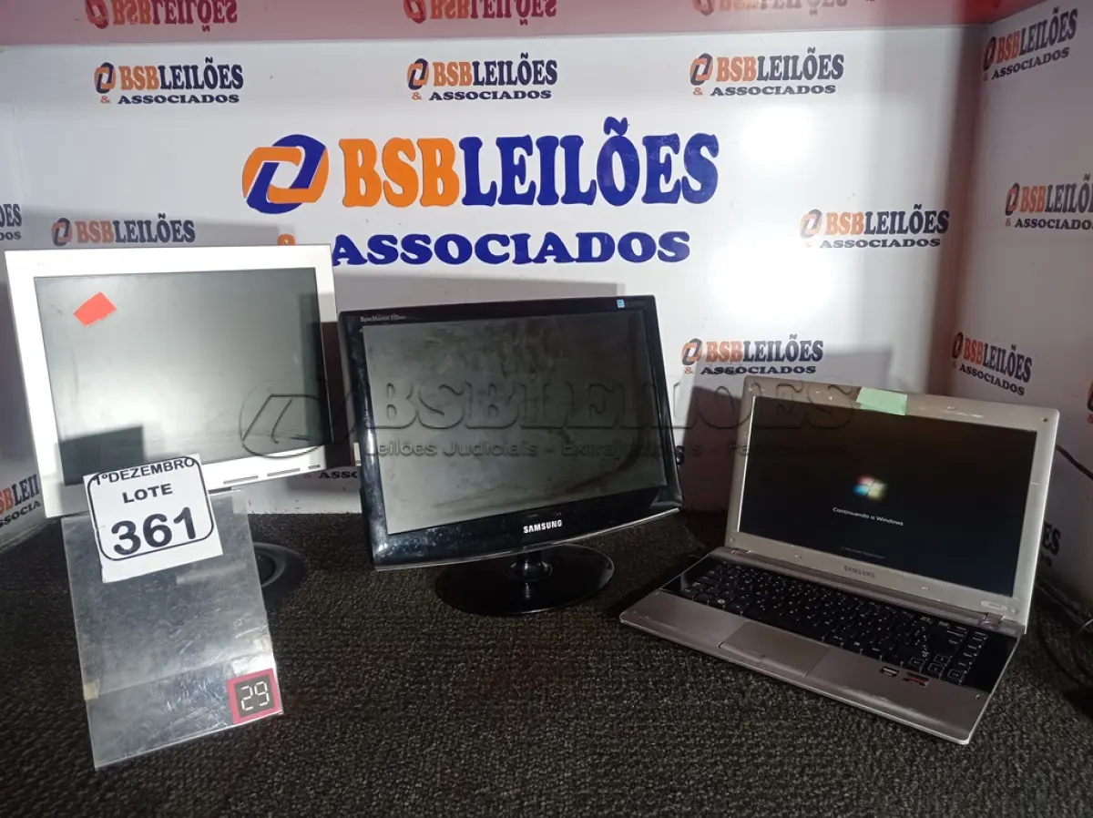 LOTE 361 - 01 NOTEBOOK MARCA SAMSUNG E 02 MONITORES MARCAS E MODELOS DIVERSOS. (NO ESTADO) ATENÇÃO! FAZER A VISITAÇÃO ANTES DE ARREMATAR, NÃO SABEMOS SE FUNCIONA. LEILÃO NÃO TEM GARANTIA E NEM DEVOLUÇÃO, SUJEITO A POSSÍVEIS AVARIAS VISÍVEIS/OCULTAS E/OU AUSÊNCIA DE COMPONENTES.