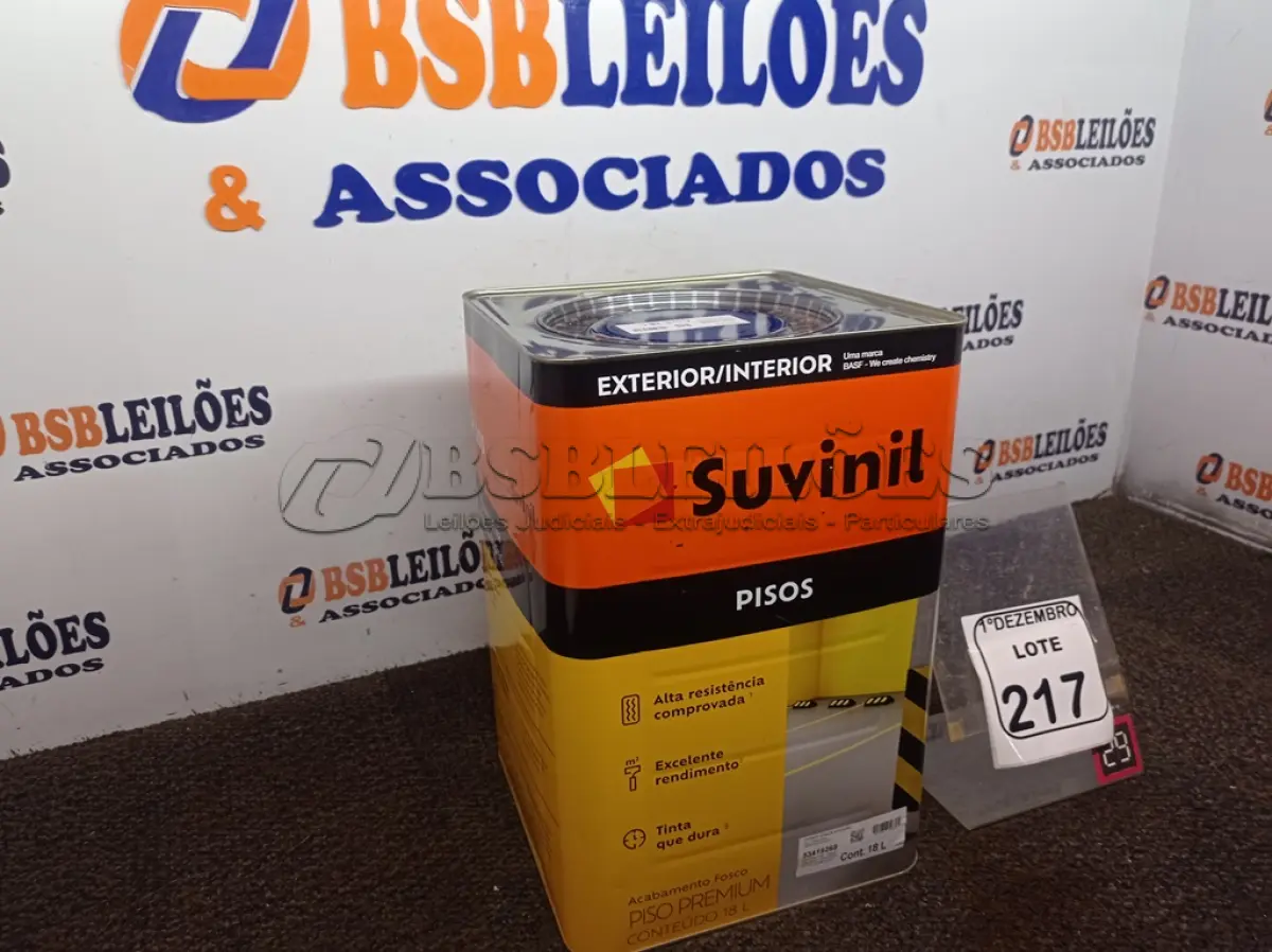LOTE 217 - 01 LATA DE TINTA MARCA SUVINIL COR CINZA FOSCO ESCURO 18L.(NOVO)  (VALIDADE 10/2027)(NO ESTADO) ATENÇÃO! FAZER A VISITAÇÃO ANTES DE ARREMATAR, NÃO SABEMOS SE FUNCIONA. LEILÃO NÃO TEM GARANTIA E NEM DEVOLUÇÃO, SUJEITO A POSSÍVEIS AVARIAS VISÍVEIS/OCULTAS E/OU AUSÊNCIA DE COMPONENTES.