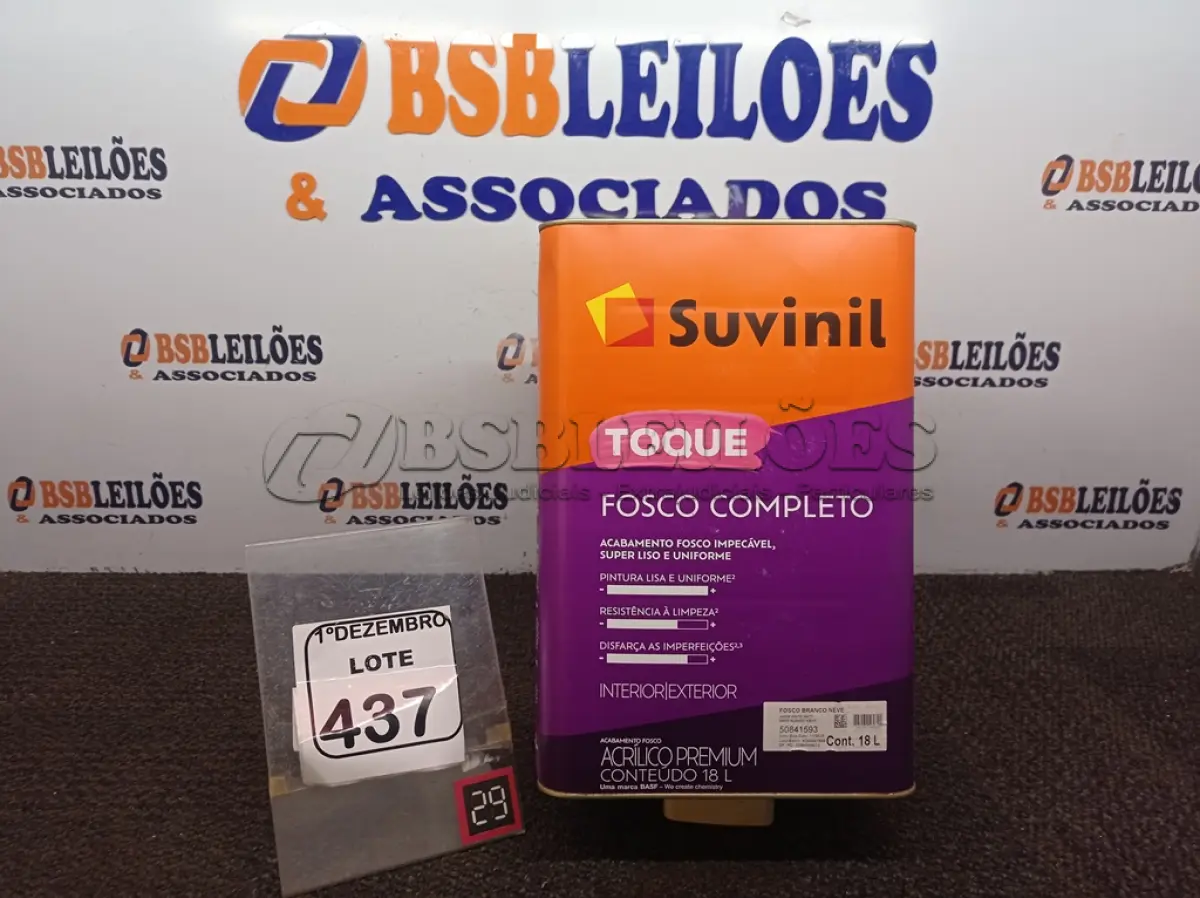 LOTE 437 - 01 LATA DE TINTA BRANCO NEVE MARCA SUVINIL 18L. (NOVO) (VALIDADE 10/2027) (NO ESTADO) ATENÇÃO! FAZER A VISITAÇÃO ANTES DE ARREMATAR, NÃO SABEMOS SE FUNCIONA. LEILÃO NÃO TEM GARANTIA E NEM DEVOLUÇÃO, SUJEITO A POSSÍVEIS AVARIAS VISÍVEIS/OCULTAS E/OU AUSÊNCIA DE COMPONENTES.