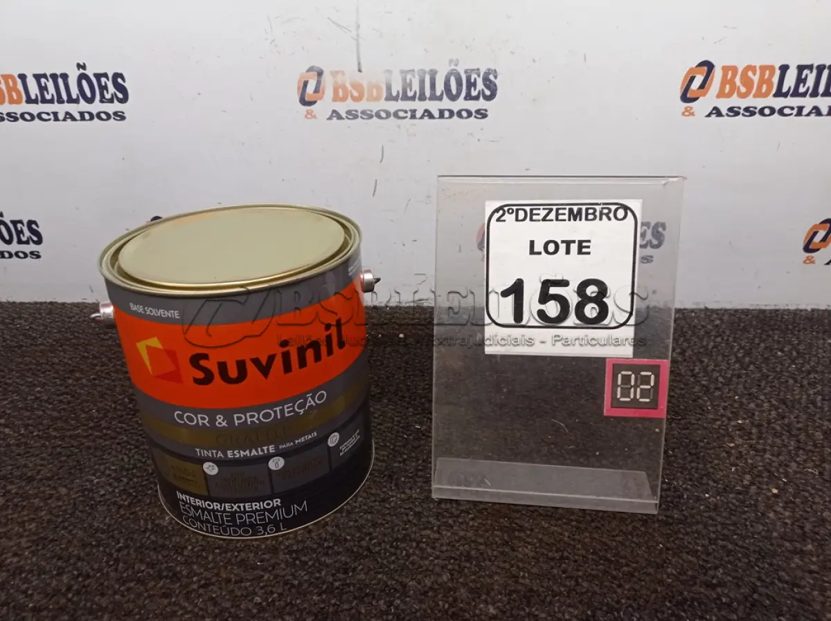 LOTE 158 - 01 LATA DE TINTA COR GRAFITE MARCA SUVINIL 3,6L P/METAIS. (NO ESTADO) ATENÇÃO! FAZER A VISITAÇÃO ANTES DE ARREMATAR, NÃO SABEMOS SE FUNCIONA. LEILÃO NÃO TEM GARANTIA E NEM DEVOLUÇÃO, SUJEITO A POSSÍVEIS AVARIAS VISÍVEIS/OCULTAS E/OU AUSÊNCIA DE COMPONENTES.