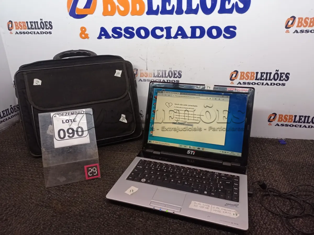 LOTE 090 - 01 NOTEBOOK MARCA STI DUAL CORE HD 500GB, 2GB DE MEMÓRIA E WEBCAM C/MALETA E FONTE. (NO ESTADO) ATENÇÃO! FAZER A VISITAÇÃO ANTES DE ARREMATAR, NÃO SABEMOS SE FUNCIONA. LEILÃO NÃO TEM GARANTIA E NEM DEVOLUÇÃO, SUJEITO A POSSÍVEIS AVARIAS VISÍVEIS/OCULTAS E/OU AUSÊNCIA DE COMPONENTES.