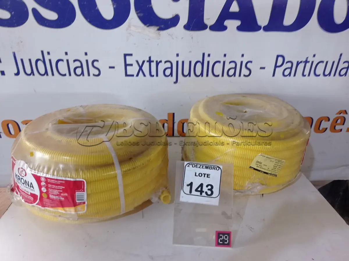 LOTE 143 - 02 ROLOS DE ELETRODUTO CORRUGADO FLEXÍVEL MARCA KRONA (NOVO). (NO ESTADO) ATENÇÃO! FAZER A VISITAÇÃO ANTES DE ARREMATAR, NÃO SABEMOS SE FUNCIONA. LEILÃO NÃO TEM GARANTIA E NEM DEVOLUÇÃO, SUJEITO A POSSÍVEIS AVARIAS VISÍVEIS/OCULTAS E/OU AUSÊNCIA DE COMPONENTES.