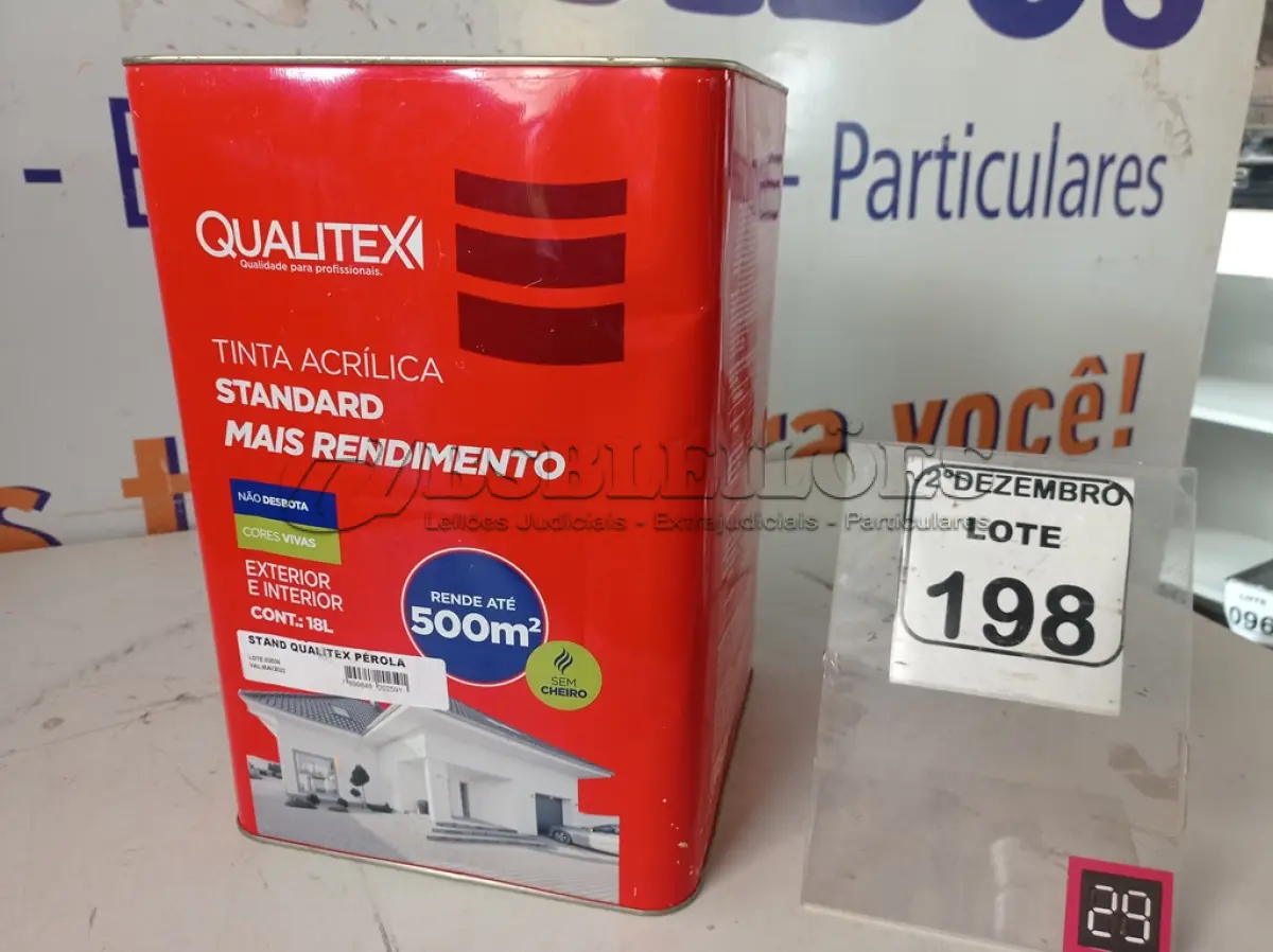 LOTE 198 - 01 LATA DE TINTA MARCA QUALITEX 18L NA COR PEROLA. (NO ESTADO) ATENÇÃO! FAZER A VISITAÇÃO ANTES DE ARREMATAR, NÃO SABEMOS SE FUNCIONA. LEILÃO NÃO TEM GARANTIA E NEM DEVOLUÇÃO, SUJEITO A POSSÍVEIS AVARIAS VISÍVEIS/OCULTAS E/OU AUSÊNCIA DE COMPONENTES.