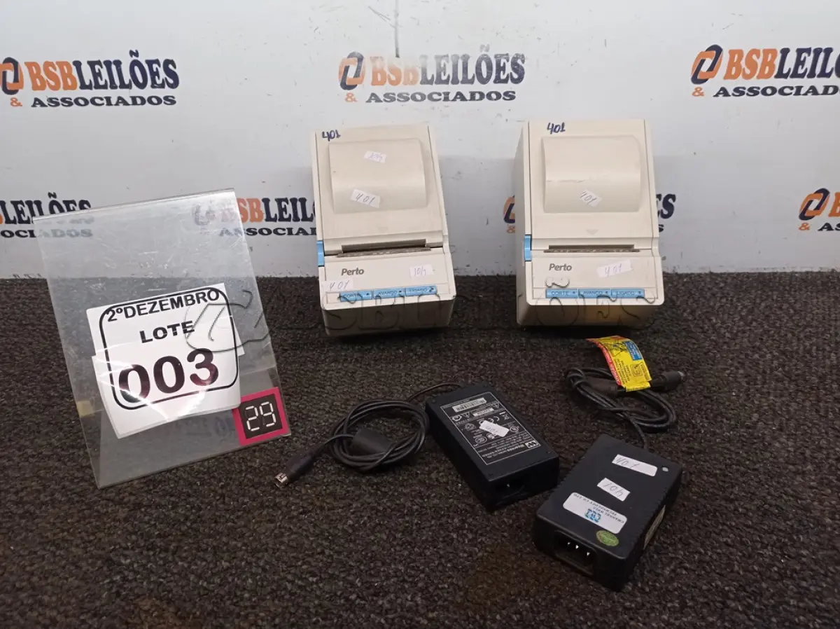 LOTE 003 - 02 IMPRESSORAS DE CUPOM MARCA PERTO. (NO ESTADO) ATENÇÃO! FAZER A VISITAÇÃO ANTES DE ARREMATAR, NÃO SABEMOS SE FUNCIONA. LEILÃO NÃO TEM GARANTIA E NEM DEVOLUÇÃO, SUJEITO A POSSÍVEIS AVARIAS VISÍVEIS/OCULTAS E/OU AUSÊNCIA DE COMPONENTES.
