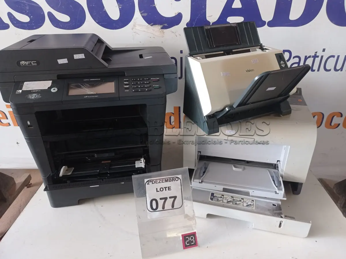 LOTE 077 - 02 IMPRESSORAS SENDO 01 MULTIFUNCIONAL MARCA BROTHER MODELO MFSC8952DW E 01 SCANNER. (NO ESTADO) ATENÇÃO! FAZER A VISITAÇÃO ANTES DE ARREMATAR, NÃO SABEMOS SE FUNCIONA. LEILÃO NÃO TEM GARANTIA E NEM DEVOLUÇÃO, SUJEITO A POSSÍVEIS AVARIAS VISÍVEIS/OCULTAS E/OU AUSÊNCIA DE COMPONENTES.