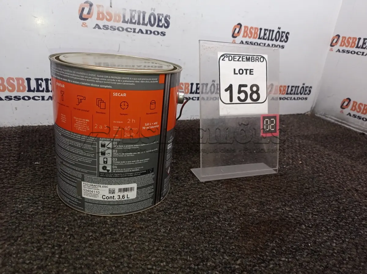 LOTE 158 - 01 LATA DE TINTA COR GRAFITE MARCA SUVINIL 3,6L P/METAIS. (NO ESTADO) ATENÇÃO! FAZER A VISITAÇÃO ANTES DE ARREMATAR, NÃO SABEMOS SE FUNCIONA. LEILÃO NÃO TEM GARANTIA E NEM DEVOLUÇÃO, SUJEITO A POSSÍVEIS AVARIAS VISÍVEIS/OCULTAS E/OU AUSÊNCIA DE COMPONENTES.