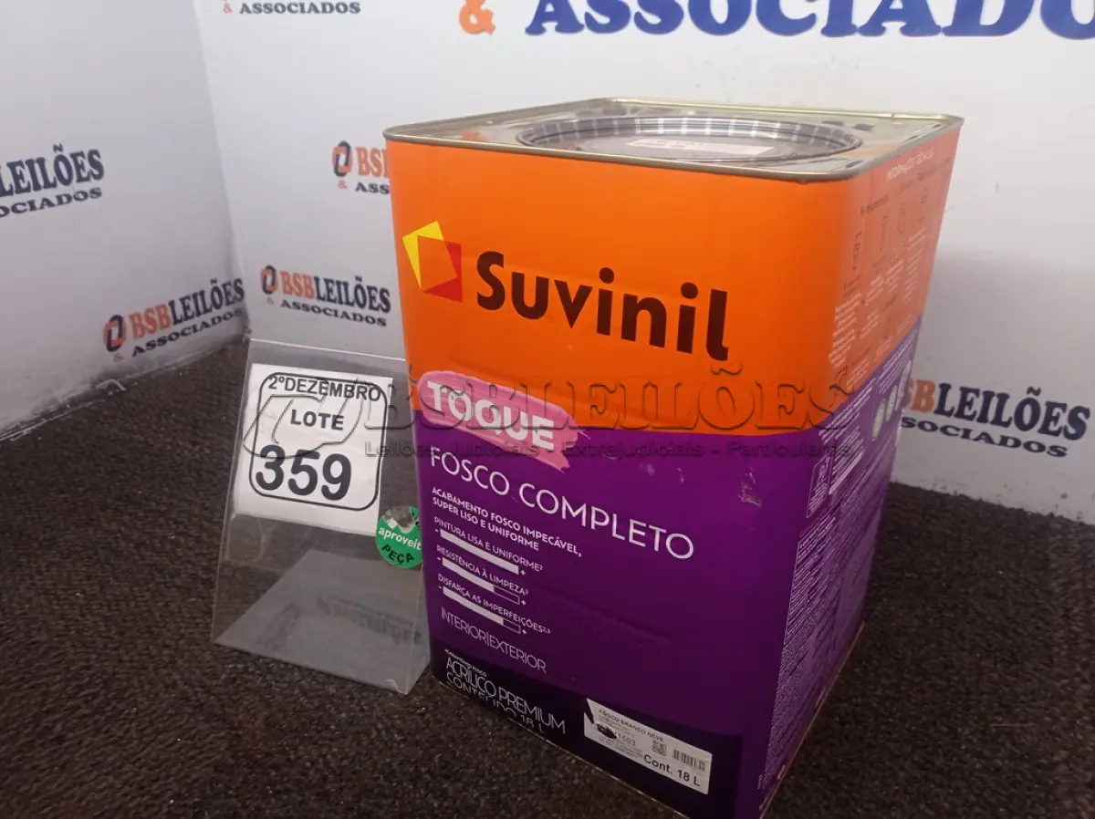 LOTE 359 - 01 LATA DE TINTA FOSCO BRANCO NEVE 18L MARCA SUVINIL. (NO ESTADO) ATENÇÃO! FAZER A VISITAÇÃO ANTES DE ARREMATAR, NÃO SABEMOS SE FUNCIONA. LEILÃO NÃO TEM GARANTIA E NEM DEVOLUÇÃO, SUJEITO A POSSÍVEIS AVARIAS VISÍVEIS/OCULTAS E/OU AUSÊNCIA DE COMPONENTES.