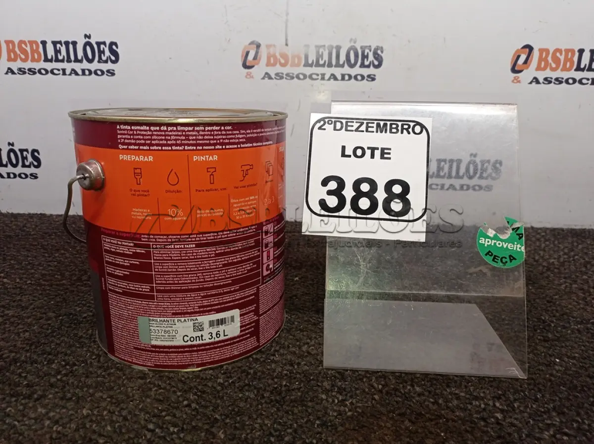 LOTE 388 - 01 LATA DE TINTA COR BRILHANTE PLATINA MARCA SUVINIL 3,6L P/METAIS. (NO ESTADO) ATENÇÃO! FAZER A VISITAÇÃO ANTES DE ARREMATAR, NÃO SABEMOS SE FUNCIONA. LEILÃO NÃO TEM GARANTIA E NEM DEVOLUÇÃO, SUJEITO A POSSÍVEIS AVARIAS VISÍVEIS/OCULTAS E/OU AUSÊNCIA DE COMPONENTES.