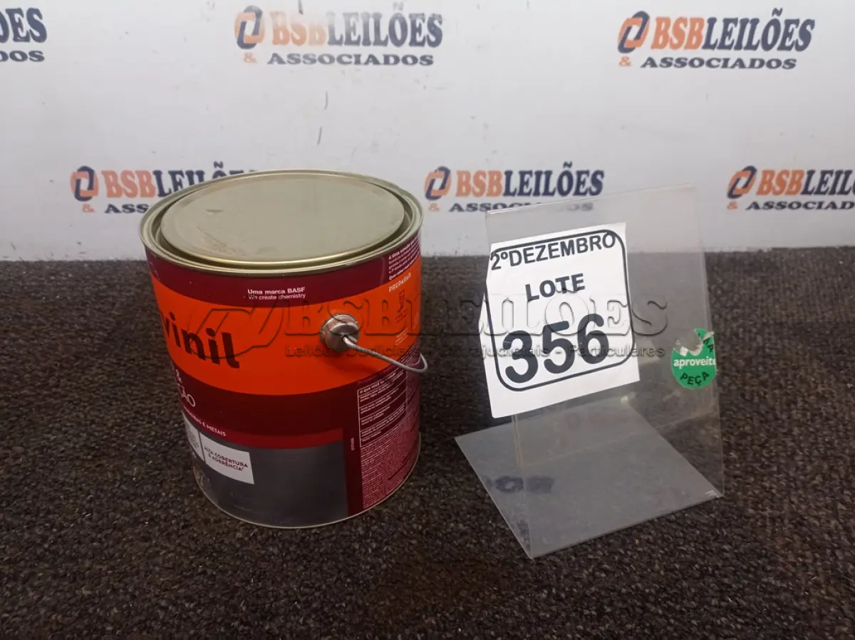 LOTE 356 - 01 LATA DE TINTA COR BRILHANTE PLATINA MARCA SUVINIL 3,6L P/METAIS. (NO ESTADO) ATENÇÃO! FAZER A VISITAÇÃO ANTES DE ARREMATAR, NÃO SABEMOS SE FUNCIONA. LEILÃO NÃO TEM GARANTIA E NEM DEVOLUÇÃO, SUJEITO A POSSÍVEIS AVARIAS VISÍVEIS/OCULTAS E/OU AUSÊNCIA DE COMPONENTES.