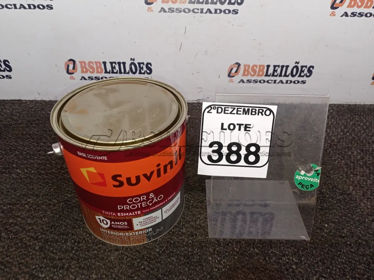 LOTE 388 - 01 LATA DE TINTA COR BRILHANTE PLATINA MARCA SUVINIL 3,6L P/METAIS. (NO ESTADO) ATENÇÃO! FAZER A VISITAÇÃO ANTES DE ARREMATAR, NÃO SABEMOS SE FUNCIONA. LEILÃO NÃO TEM GARANTIA E NEM DEVOLUÇÃO, SUJEITO A POSSÍVEIS AVARIAS VISÍVEIS/OCULTAS E/OU AUSÊNCIA DE COMPONENTES.