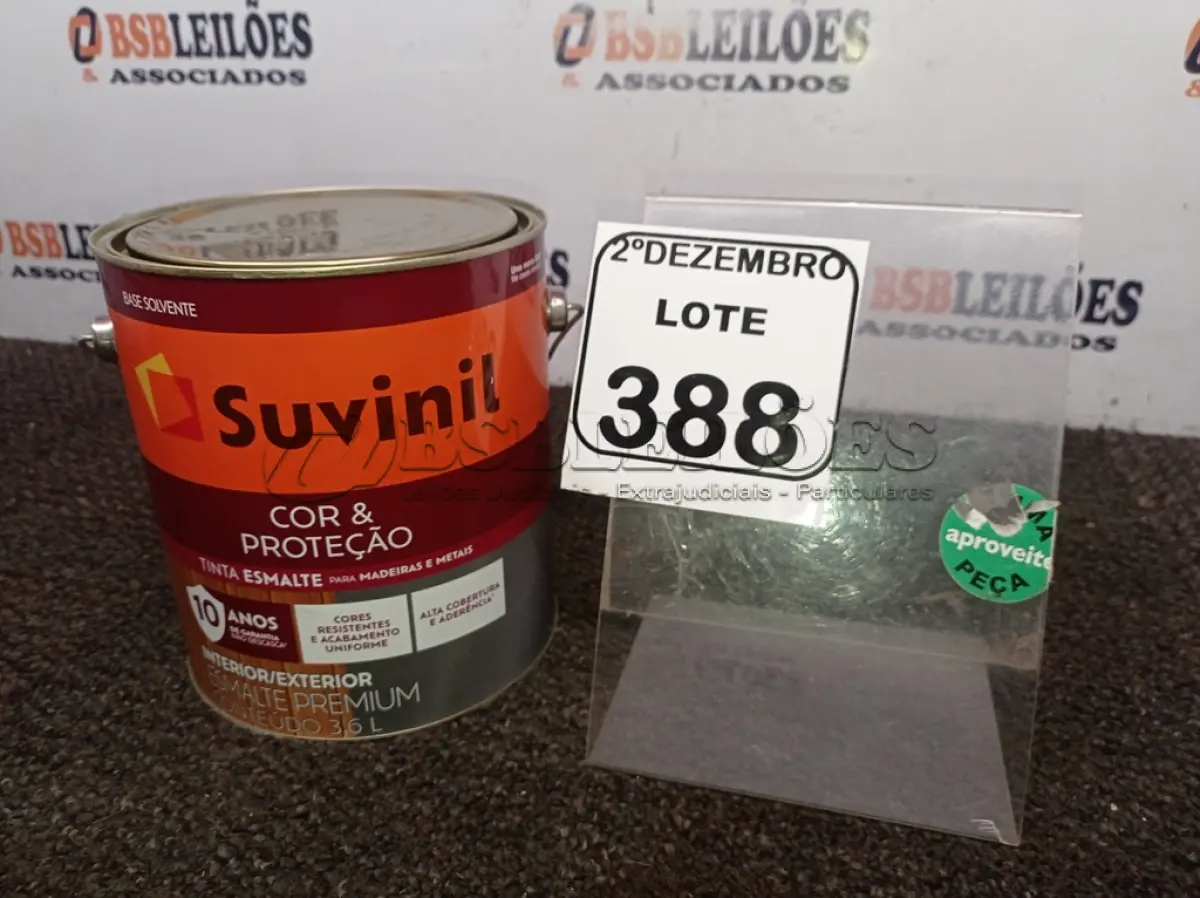 LOTE 388 - 01 LATA DE TINTA COR BRILHANTE PLATINA MARCA SUVINIL 3,6L P/METAIS. (NO ESTADO) ATENÇÃO! FAZER A VISITAÇÃO ANTES DE ARREMATAR, NÃO SABEMOS SE FUNCIONA. LEILÃO NÃO TEM GARANTIA E NEM DEVOLUÇÃO, SUJEITO A POSSÍVEIS AVARIAS VISÍVEIS/OCULTAS E/OU AUSÊNCIA DE COMPONENTES.