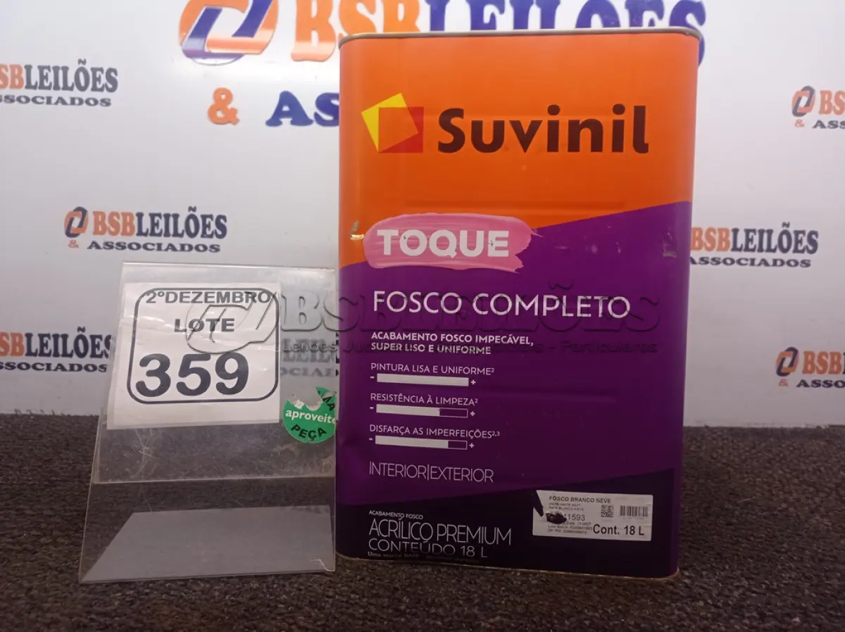 LOTE 359 - 01 LATA DE TINTA FOSCO BRANCO NEVE 18L MARCA SUVINIL. (NO ESTADO) ATENÇÃO! FAZER A VISITAÇÃO ANTES DE ARREMATAR, NÃO SABEMOS SE FUNCIONA. LEILÃO NÃO TEM GARANTIA E NEM DEVOLUÇÃO, SUJEITO A POSSÍVEIS AVARIAS VISÍVEIS/OCULTAS E/OU AUSÊNCIA DE COMPONENTES.