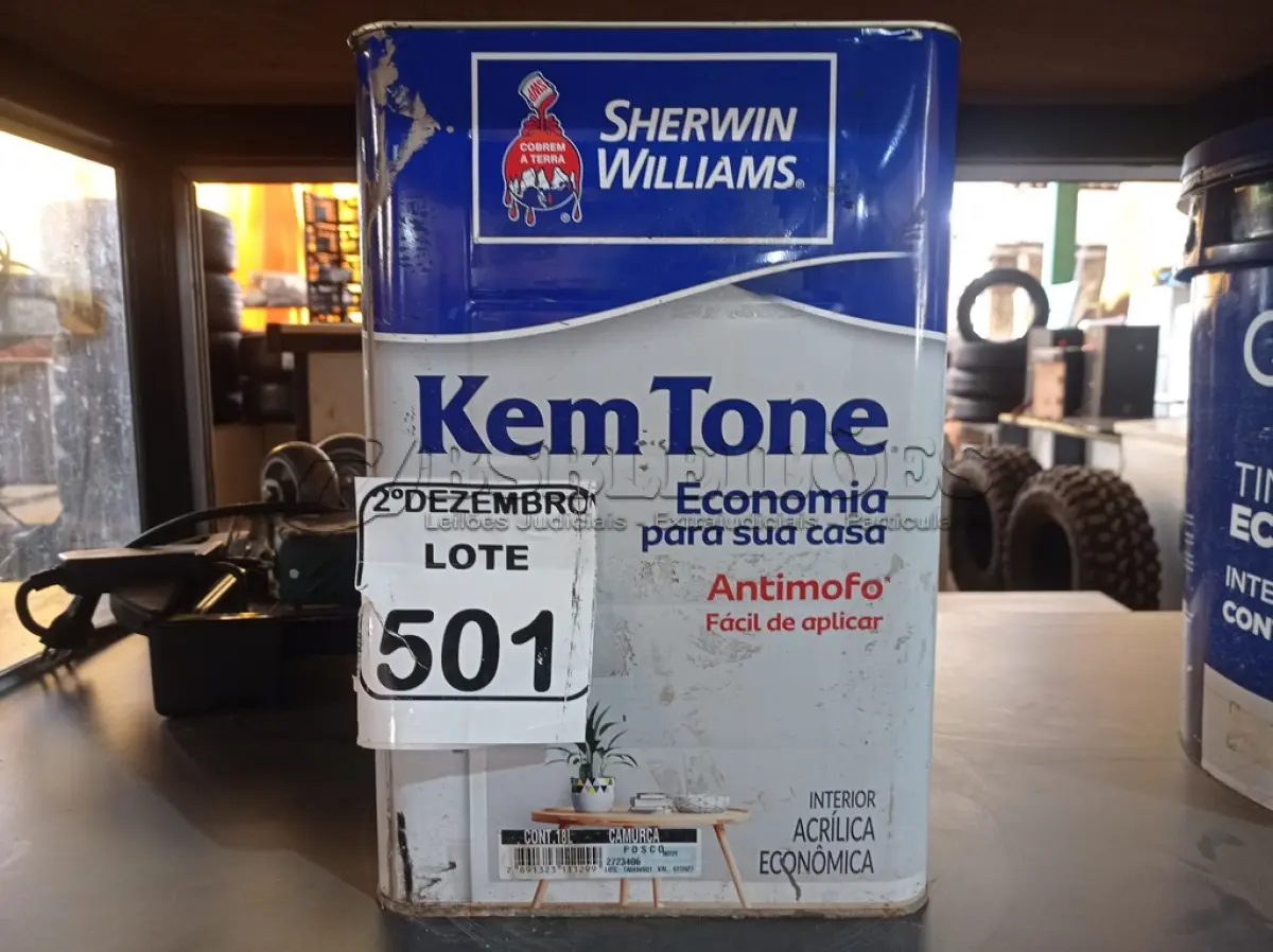 LOTE 501 - 01 LATA DE TINTA MARCA SHERRY WILLIAMS NA COR CAMURÇA 18L. (NO ESTADO) ATENÇÃO! FAZER A VISITAÇÃO ANTES DE ARREMATAR, NÃO SABEMOS SE FUNCIONA. LEILÃO NÃO TEM GARANTIA E NEM DEVOLUÇÃO, SUJEITO A POSSÍVEIS AVARIAS VISÍVEIS/OCULTAS E/OU AUSÊNCIA DE COMPONENTES.