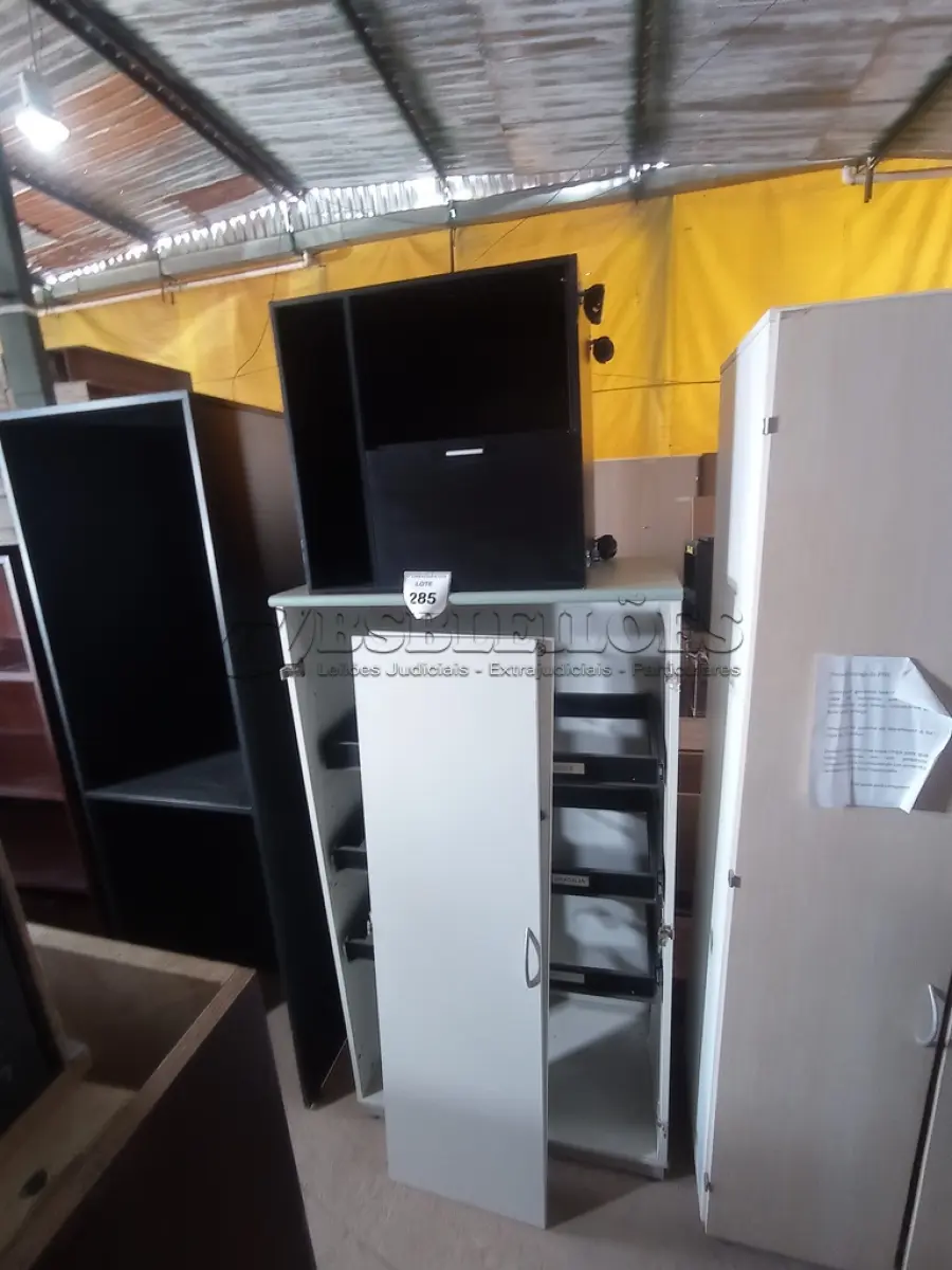 LOTE 285 - 02 ARMÁRIOS EM MADEIRA (WOODEN CABINETS) E 01 ARMÁRIO BAIXO (LOW CABINET). (NO ESTADO EM QUE SE ENCONTRA. SUJEITO A AVARIAS OCULTAS/VISÍVEIS.)