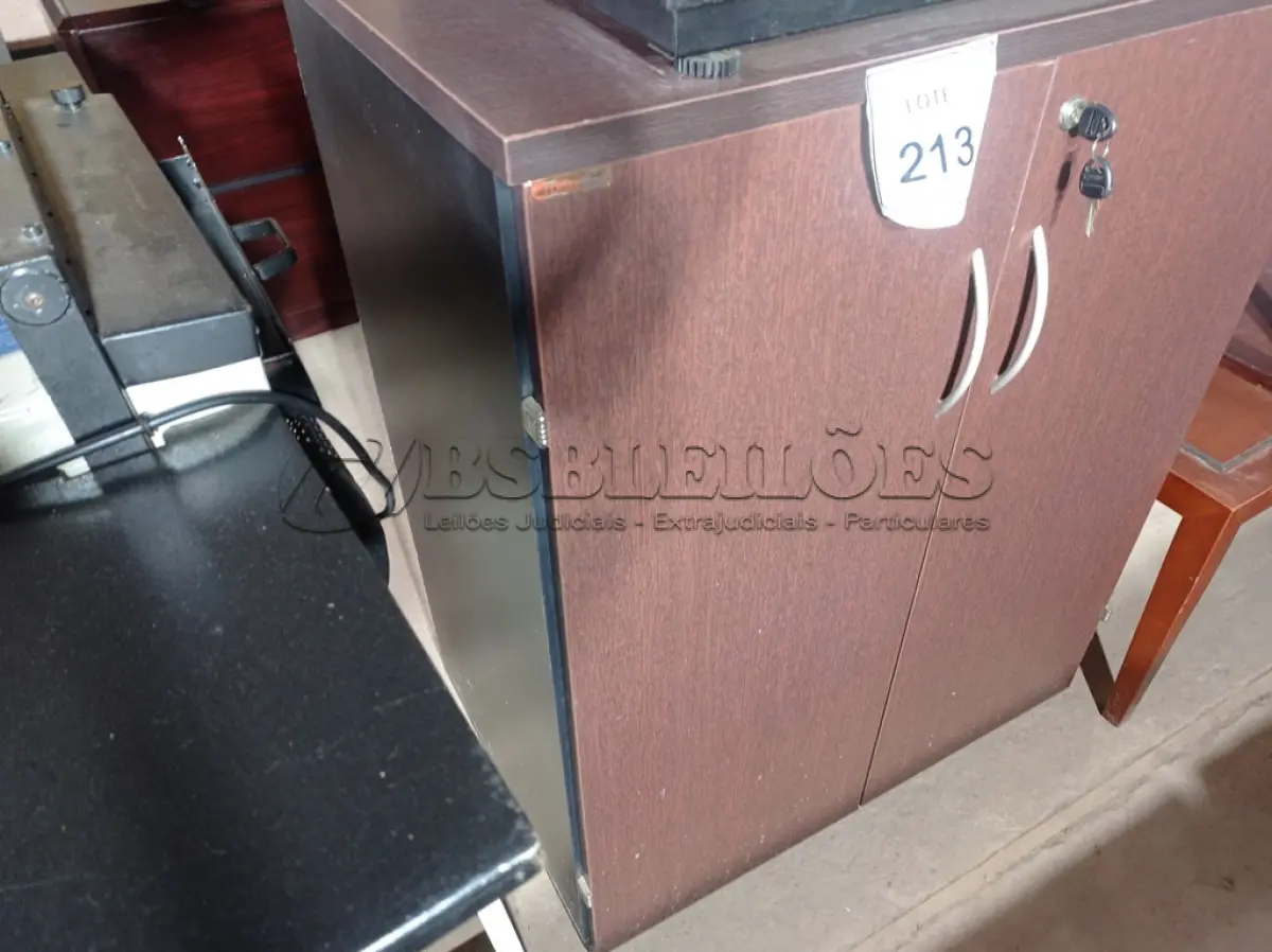 LOTE 213 - 01 ARMÁRIO MÉDIO EM MADEIRA C/ 02 PORTAS (MEDIUM WOODEN CABINET). (NO ESTADO EM QUE SE ENCONTRA. SUJEITO A AVARIAS OCULTAS/VISÍVEIS.)