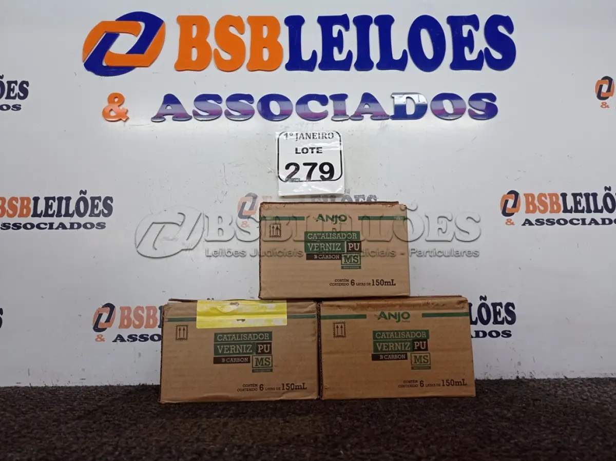 LOTE 279 - 03 CAIXAS COM 06 UNIDADES CADA DE CATALIZADOR VERNIZ PU. (NOVO) (NO ESTADO) ATENÇÃO! FAZER A VISITAÇÃO ANTES DE ARREMATAR, NÃO SABEMOS SE FUNCIONA. LEILÃO NÃO TEM GARANTIA E NEM DEVOLUÇÃO, SUJEITO A POSSÍVEIS AVARIAS VISÍVEIS/OCULTAS E/OU AUSÊNCIA DE COMPONENTES.
