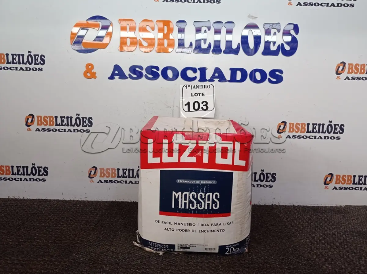 LOTE 103 - 01 CAIXA COM 20KG DE MASSA PREPARADORA DE SUPERFÍCIE MARCA LUZTOL.  (NO ESTADO) ATENÇÃO! FAZER A VISITAÇÃO ANTES DE ARREMATAR, NÃO SABEMOS SE FUNCIONA. LEILÃO NÃO TEM GARANTIA E NEM DEVOLUÇÃO, SUJEITO A POSSÍVEIS AVARIAS VISÍVEIS/OCULTAS E/OU AUSÊNCIA DE COMPONENTES.