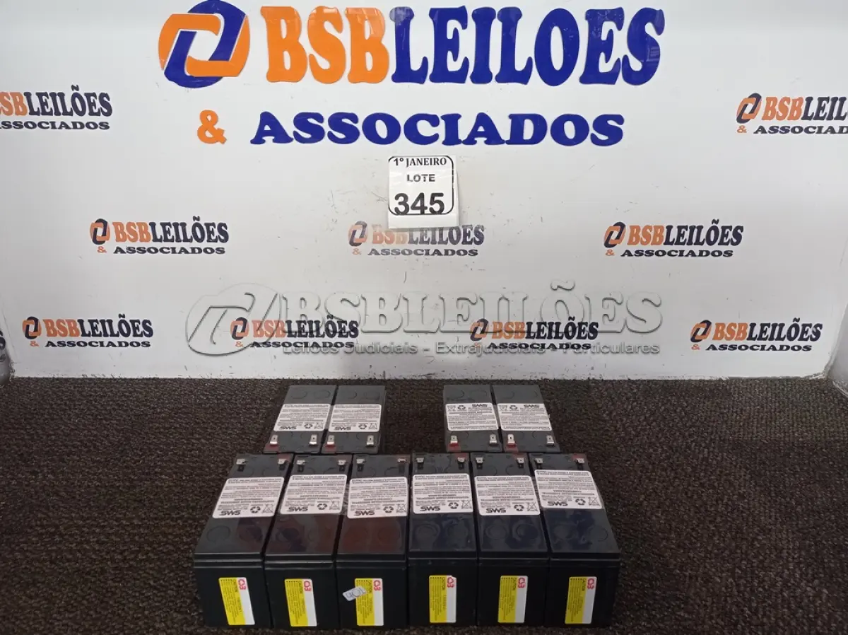 LOTE 345 - 10 BATERIAS P/NOBREAK. (NO ESTADO) ATENÇÃO! FAZER A VISITAÇÃO ANTES DE ARREMATAR, NÃO SABEMOS SE FUNCIONA. LEILÃO NÃO TEM GARANTIA E NEM DEVOLUÇÃO, SUJEITO A POSSÍVEIS AVARIAS VISÍVEIS/OCULTAS E/OU AUSÊNCIA DE COMPONENTES.