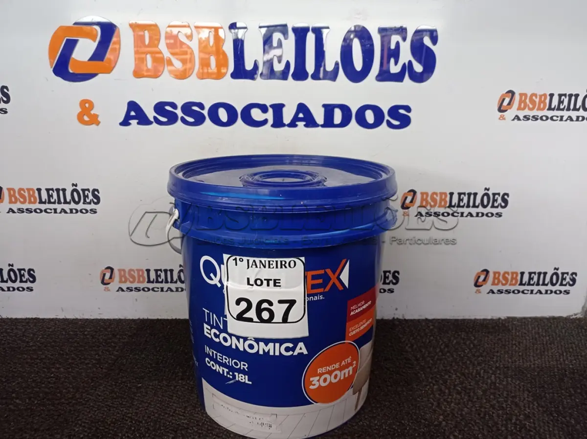 LOTE 267 - 01 GALÃO DE TINTA PARA INTERIOR QUALITEX 18L RENDE ATÉ 300M. (NO ESTADO) ATENÇÃO! FAZER A VISITAÇÃO ANTES DE ARREMATAR, NÃO SABEMOS SE FUNCIONA. LEILÃO NÃO TEM GARANTIA E NEM DEVOLUÇÃO, SUJEITO A POSSÍVEIS AVARIAS VISÍVEIS/OCULTAS E/OU AUSÊNCIA DE COMPONENTES.