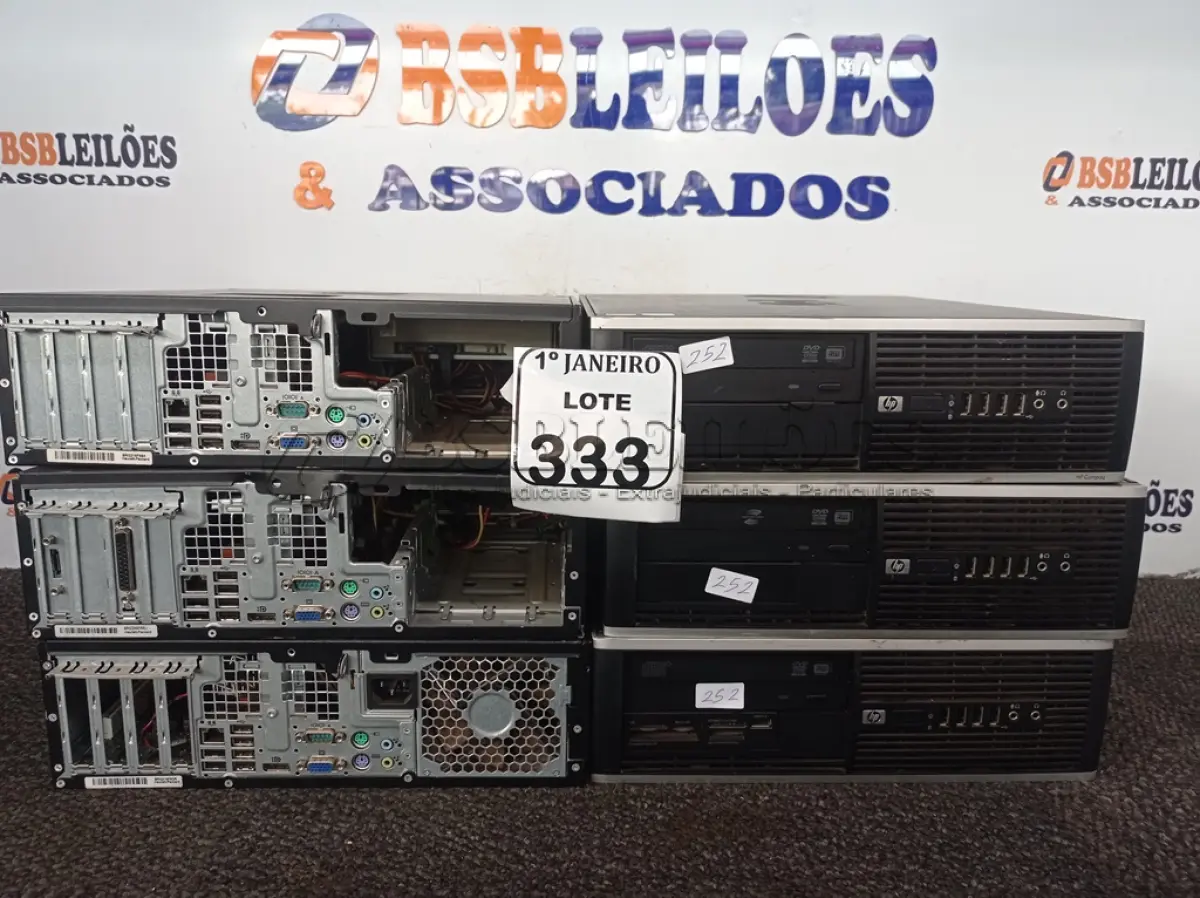 LOTE 333 - 06 CPU’S MARCA HP P/RETIRADA DE PEÇAS. (NO ESTADO) ATENÇÃO! FAZER A VISITAÇÃO ANTES DE ARREMATAR, NÃO SABEMOS SE FUNCIONA. LEILÃO NÃO TEM GARANTIA E NEM DEVOLUÇÃO, SUJEITO A POSSÍVEIS AVARIAS VISÍVEIS/OCULTAS E/OU AUSÊNCIA DE COMPONENTES.
