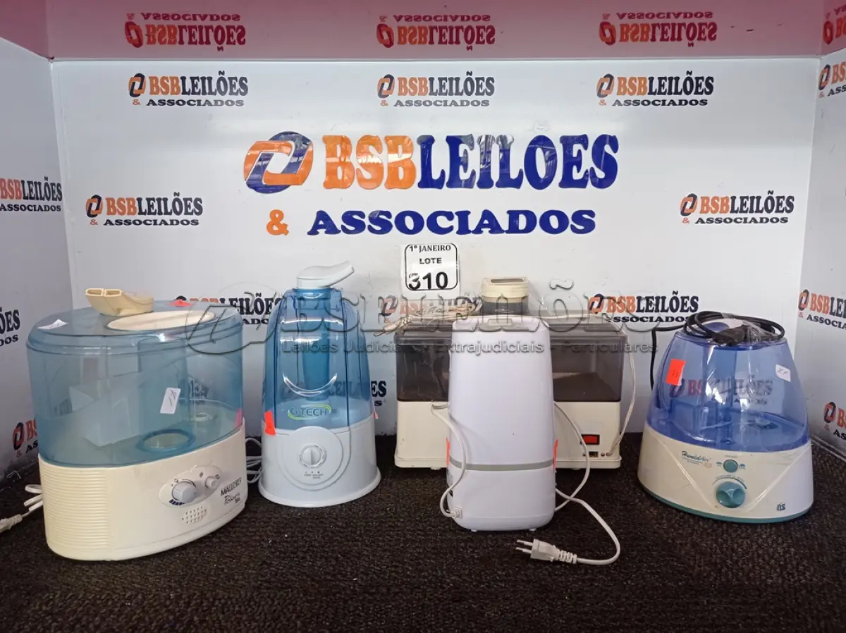 LOTE 310 - 05 UMIDIFICADORES MARCAS E MODELOS DIVERSOS. (NO ESTADO) ATENÇÃO! FAZER A VISITAÇÃO ANTES DE ARREMATAR, NÃO SABEMOS SE FUNCIONA. LEILÃO NÃO TEM GARANTIA E NEM DEVOLUÇÃO, SUJEITO A POSSÍVEIS AVARIAS VISÍVEIS/OCULTAS E/OU AUSÊNCIA DE COMPONENTES.