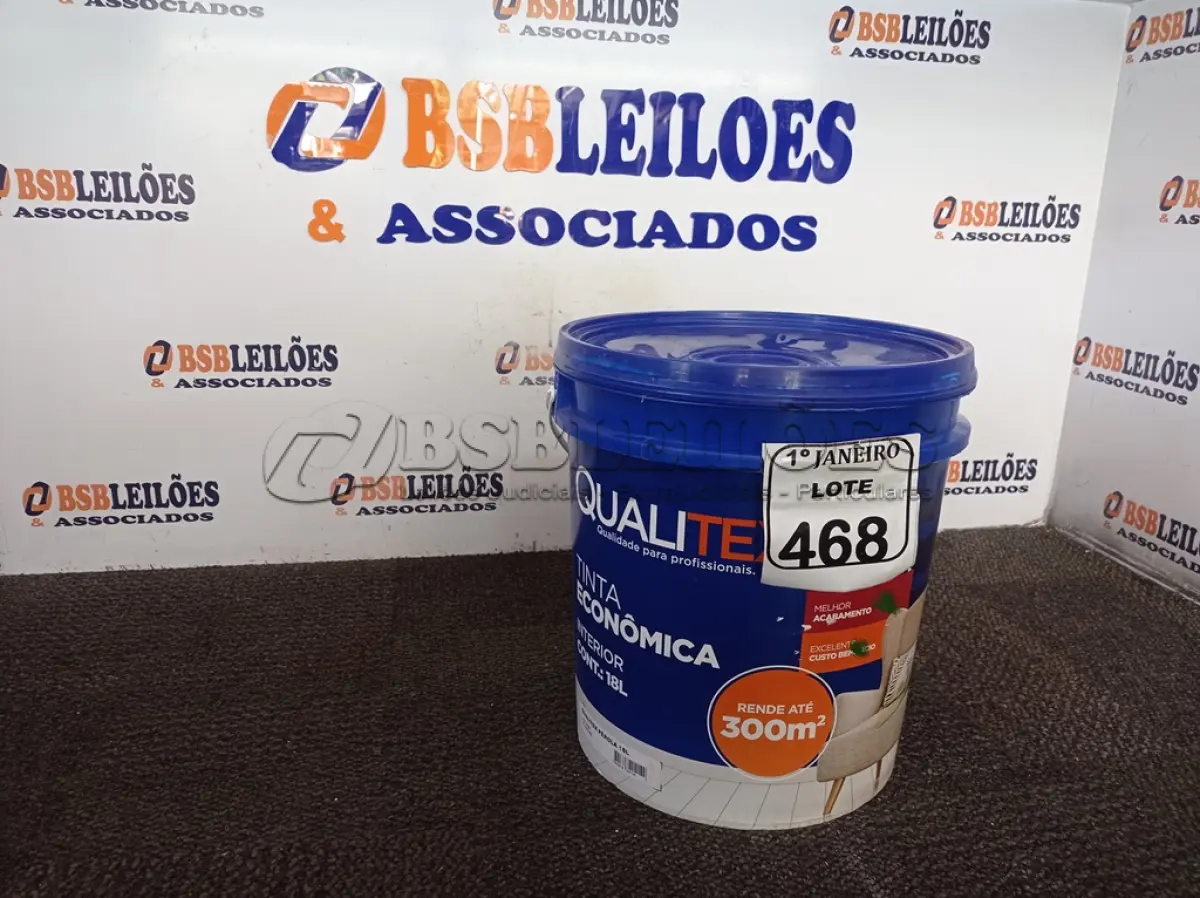 LOTE 468 - 01 GALÃO DE TINTA PARA INTERIOR QUALITEX 18L RENDE ATÉ 300M. (NO ESTADO) ATENÇÃO! FAZER A VISITAÇÃO ANTES DE ARREMATAR, NÃO SABEMOS SE FUNCIONA. LEILÃO NÃO TEM GARANTIA E NEM DEVOLUÇÃO, SUJEITO A POSSÍVEIS AVARIAS VISÍVEIS/OCULTAS E/OU AUSÊNCIA DE COMPONENTES.