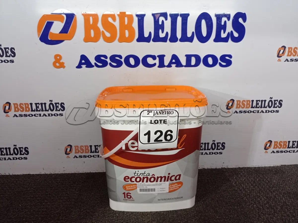 LOTE 126 - 01 BALDE DE TINTA RENOCRIL COR BRANCO NEVE 16L. (NO ESTADO) ATENÇÃO! FAZER A VISITAÇÃO ANTES DE ARREMATAR, NÃO SABEMOS SE FUNCIONA. LEILÃO NÃO TEM GARANTIA E NEM DEVOLUÇÃO, SUJEITO A POSSÍVEIS AVARIAS VISÍVEIS/OCULTAS E/OU AUSÊNCIA DE COMPONENTES.