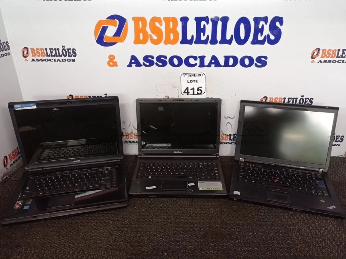 LOTE 415 - 03 NOTEBOOKS MARCAS E MODELOS DIVERSOS P/RETIRADA DE PEÇAS. (NO ESTADO) ATENÇÃO! FAZER A VISITAÇÃO ANTES DE ARREMATAR, NÃO SABEMOS SE FUNCIONA. LEILÃO NÃO TEM GARANTIA E NEM DEVOLUÇÃO, SUJEITO A POSSÍVEIS AVARIAS VISÍVEIS/OCULTAS E/OU AUSÊNCIA DE COMPONENTES.