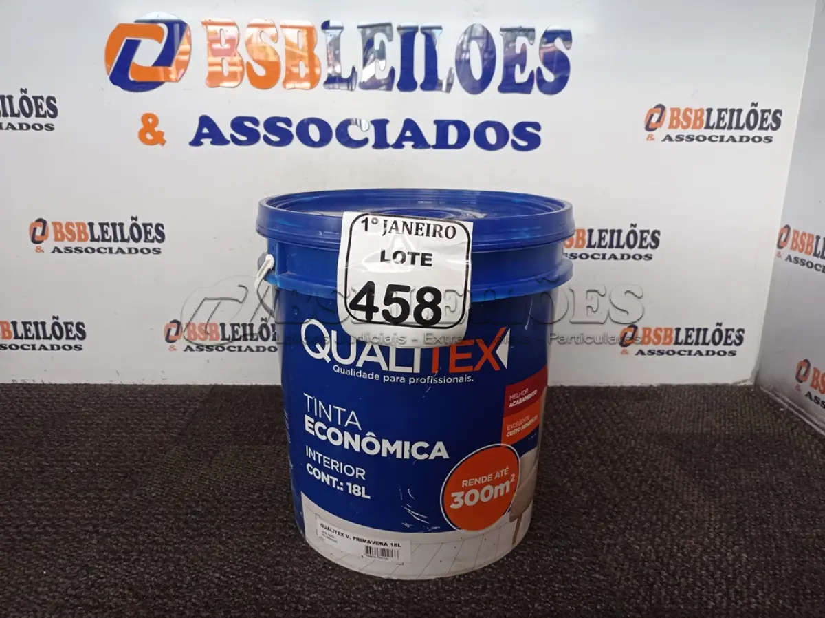 LOTE 458 - 01 GALÃO DE TINTA PARA INTERIOR QUALITEX 18L RENDE ATÉ 300M. (NO ESTADO) ATENÇÃO! FAZER A VISITAÇÃO ANTES DE ARREMATAR, NÃO SABEMOS SE FUNCIONA. LEILÃO NÃO TEM GARANTIA E NEM DEVOLUÇÃO, SUJEITO A POSSÍVEIS AVARIAS VISÍVEIS/OCULTAS E/OU AUSÊNCIA DE COMPONENTES.