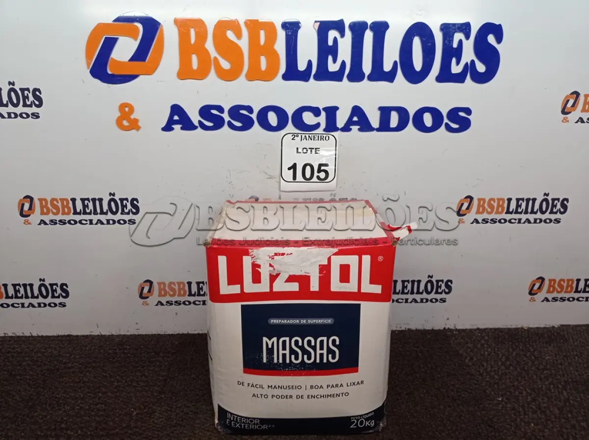 LOTE 105 - 01 CAIXA COM MASSA CORRIDA 20KG. (NO ESTADO) ATENÇÃO! FAZER A VISITAÇÃO ANTES DE ARREMATAR, NÃO SABEMOS SE FUNCIONA. LEILÃO NÃO TEM GARANTIA E NEM DEVOLUÇÃO, SUJEITO A POSSÍVEIS AVARIAS VISÍVEIS/OCULTAS E/OU AUSÊNCIA DE COMPONENTES.