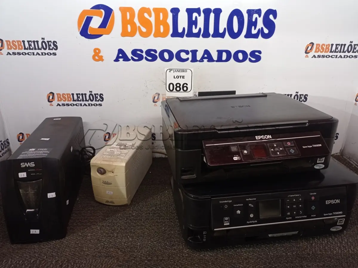 LOTE 086 - 02 IMPRESSORAS EPSON E 02 NOBREAKS. (NO ESTADO) ATENÇÃO! FAZER A VISITAÇÃO ANTES DE ARREMATAR, NÃO SABEMOS SE FUNCIONA. LEILÃO NÃO TEM GARANTIA E NEM DEVOLUÇÃO, SUJEITO A POSSÍVEIS AVARIAS VISÍVEIS/OCULTAS E/OU AUSÊNCIA DE COMPONENTES.