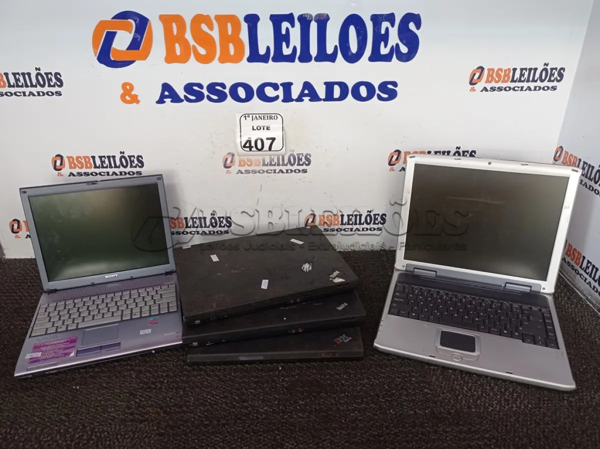 LOTE 407 - 05 NOTEBOOK’S MARCAS E MODELOS DIVERSOS P/RETIRADA DE PEÇAS. (NO ESTADO) ATENÇÃO! FAZER A VISITAÇÃO ANTES DE ARREMATAR, NÃO SABEMOS SE FUNCIONA. LEILÃO NÃO TEM GARANTIA E NEM DEVOLUÇÃO, SUJEITO A POSSÍVEIS AVARIAS VISÍVEIS/OCULTAS E/OU AUSÊNCIA DE COMPONENTES.