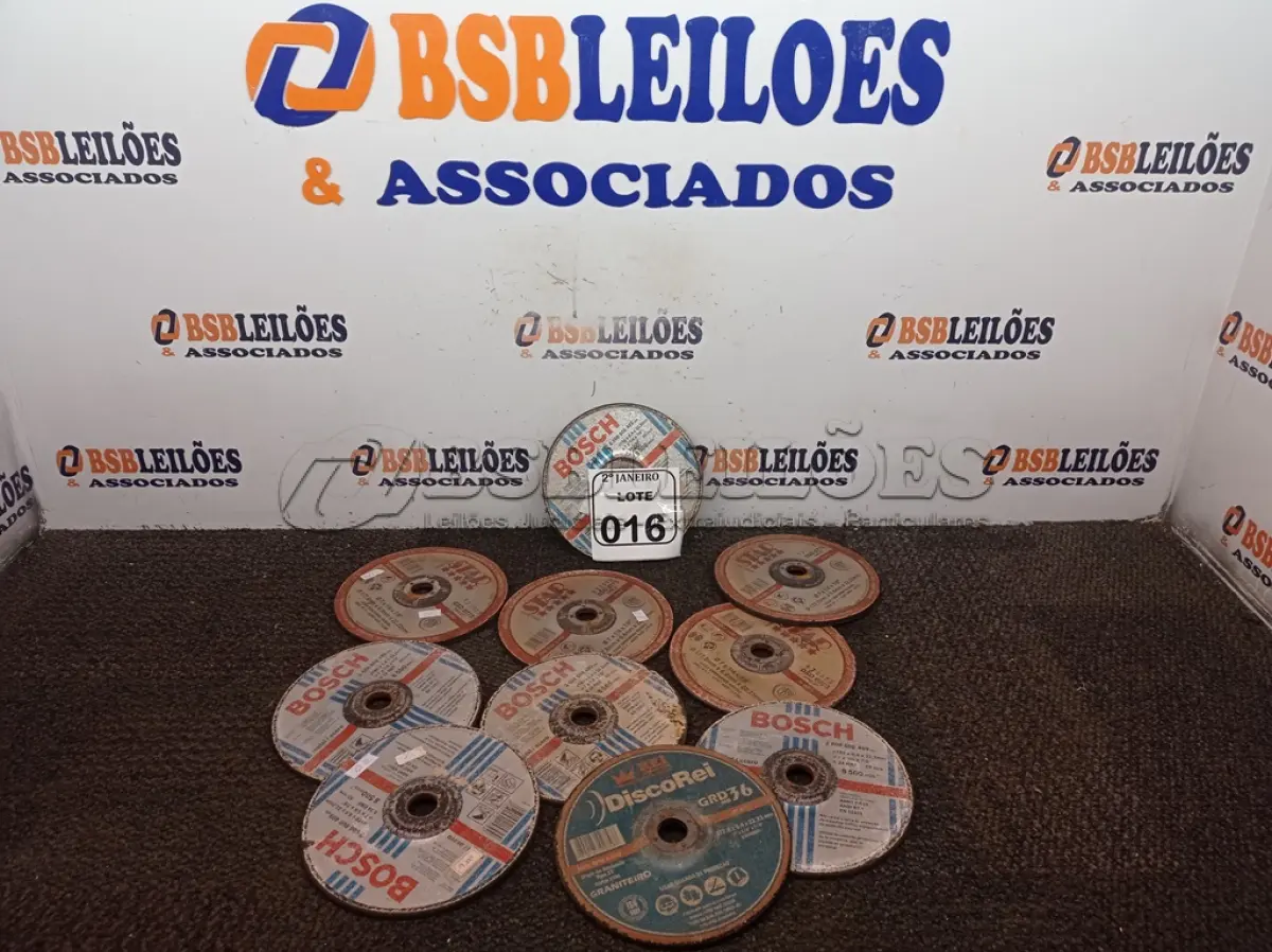 LOTE 016 - 10 DISCOS DE DESBASTE P/LIXADEIRA. (NO ESTADO) ATENÇÃO! FAZER A VISITAÇÃO ANTES DE ARREMATAR, NÃO SABEMOS SE FUNCIONA. LEILÃO NÃO TEM GARANTIA E NEM DEVOLUÇÃO, SUJEITO A POSSÍVEIS AVARIAS VISÍVEIS/OCULTAS E/OU AUSÊNCIA DE COMPONENTES.