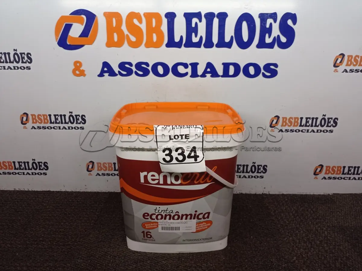 LOTE 334 - 01 BALDE DE TINTA RENOCRIL COR BRANCO NEVE 16L. (NO ESTADO) ATENÇÃO! FAZER A VISITAÇÃO ANTES DE ARREMATAR, NÃO SABEMOS SE FUNCIONA. LEILÃO NÃO TEM GARANTIA E NEM DEVOLUÇÃO, SUJEITO A POSSÍVEIS AVARIAS VISÍVEIS/OCULTAS E/OU AUSÊNCIA DE COMPONENTES.