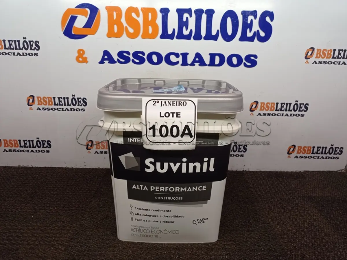 LOTE 100 - 01 BALDE DE TINTA SUVINIL INTERIORES ACRÍLICO FOSCO 18L NA COR FOSCO BRANCO. VENCIMENTO 10/2027 (NOVO)(NO ESTADO) ATENÇÃO! FAZER A VISITAÇÃO ANTES DE ARREMATAR, NÃO SABEMOS SE FUNCIONA. LEILÃO NÃO TEM GARANTIA E NEM DEVOLUÇÃO, SUJEITO A POSSÍVEIS AVARIAS VISÍVEIS/OCULTAS E/OU AUSÊNCIA DE COMPONENTES.