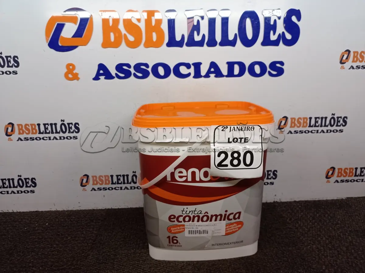 LOTE 280 - 01 BALDE DE TINTA RENOCRIL COR BRANCO NEVE 16L. (NO ESTADO) ATENÇÃO! FAZER A VISITAÇÃO ANTES DE ARREMATAR, NÃO SABEMOS SE FUNCIONA. LEILÃO NÃO TEM GARANTIA E NEM DEVOLUÇÃO, SUJEITO A POSSÍVEIS AVARIAS VISÍVEIS/OCULTAS E/OU AUSÊNCIA DE COMPONENTES.