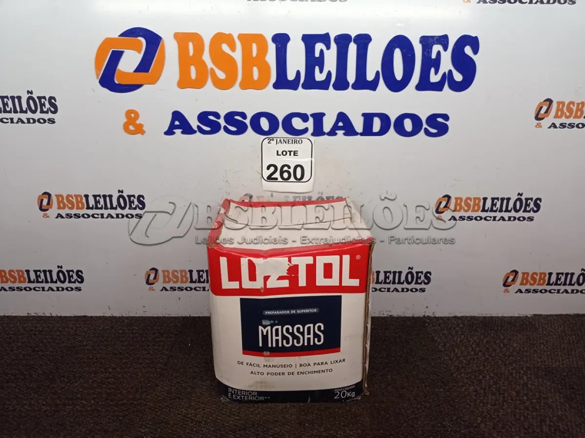 LOTE 260 - 01 CAIXA COM MASSA CORRIDA 20KG. (NO ESTADO) ATENÇÃO! FAZER A VISITAÇÃO ANTES DE ARREMATAR, NÃO SABEMOS SE FUNCIONA. LEILÃO NÃO TEM GARANTIA E NEM DEVOLUÇÃO, SUJEITO A POSSÍVEIS AVARIAS VISÍVEIS/OCULTAS E/OU AUSÊNCIA DE COMPONENTES.