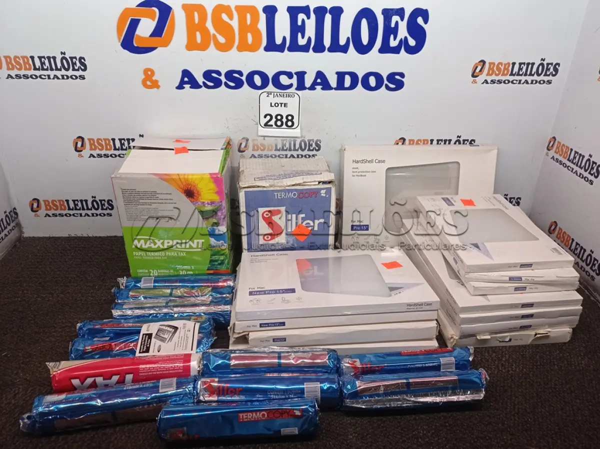 LOTE 288 - 01 LOTE C/ CAPAS PARA MACBOOK, E BOBINAS DE PAPEL PARA FAX. (NO ESTADO) ATENÇÃO! FAZER A VISITAÇÃO ANTES DE ARREMATAR, NÃO SABEMOS SE FUNCIONA. LEILÃO NÃO TEM GARANTIA E NEM DEVOLUÇÃO, SUJEITO A POSSÍVEIS AVARIAS VISÍVEIS/OCULTAS E/OU AUSÊNCIA DE COMPONENTES.