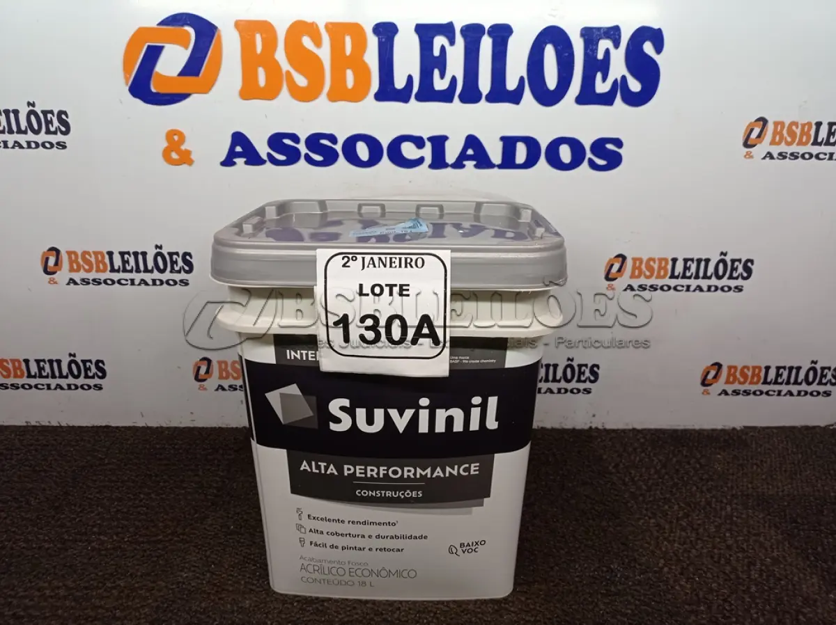 LOTE 130 - 01 BALDE DE TINTA SUVINIL INTERIORES ACRÍLICO FOSCO 18L NA COR FOSCO BRANCO. VENCIMENTO 10/2027 (NOVO)(NO ESTADO) ATENÇÃO! FAZER A VISITAÇÃO ANTES DE ARREMATAR, NÃO SABEMOS SE FUNCIONA. LEILÃO NÃO TEM GARANTIA E NEM DEVOLUÇÃO, SUJEITO A POSSÍVEIS AVARIAS VISÍVEIS/OCULTAS E/OU AUSÊNCIA DE COMPONENTES.