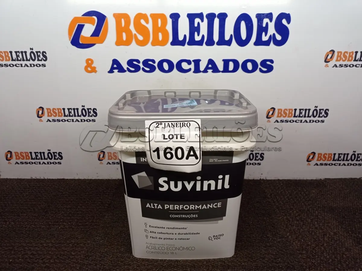 LOTE 160 - 01 BALDE DE TINTA SUVINIL INTERIORES ACRÍLICO FOSCO 18L NA COR FOSCO BRANCO. VENCIMENTO 10/2027 (NOVO)(NO ESTADO) ATENÇÃO! FAZER A VISITAÇÃO ANTES DE ARREMATAR, NÃO SABEMOS SE FUNCIONA. LEILÃO NÃO TEM GARANTIA E NEM DEVOLUÇÃO, SUJEITO A POSSÍVEIS AVARIAS VISÍVEIS/OCULTAS E/OU AUSÊNCIA DE COMPONENTES.
