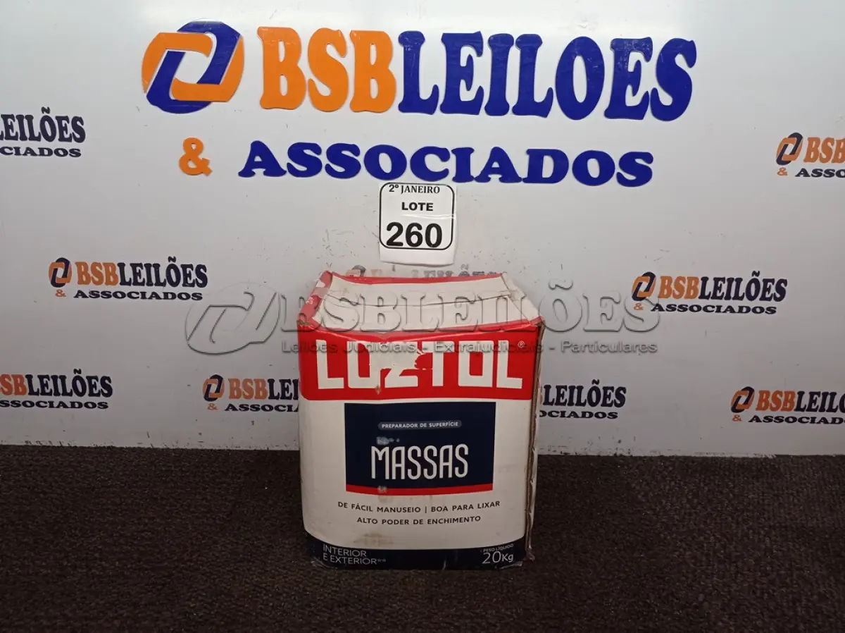 LOTE 260 - 01 CAIXA COM MASSA CORRIDA 20KG. (NO ESTADO) ATENÇÃO! FAZER A VISITAÇÃO ANTES DE ARREMATAR, NÃO SABEMOS SE FUNCIONA. LEILÃO NÃO TEM GARANTIA E NEM DEVOLUÇÃO, SUJEITO A POSSÍVEIS AVARIAS VISÍVEIS/OCULTAS E/OU AUSÊNCIA DE COMPONENTES.