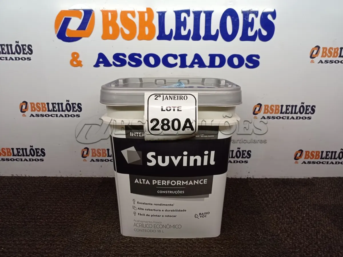 LOTE 280 - 01 BALDE DE TINTA SUVINIL INTERIORES ACRÍLICO FOSCO 18L NA COR FOSCO BRANCO. VENCIMENTO 10/2027 (NOVO)(NO ESTADO) ATENÇÃO! FAZER A VISITAÇÃO ANTES DE ARREMATAR, NÃO SABEMOS SE FUNCIONA. LEILÃO NÃO TEM GARANTIA E NEM DEVOLUÇÃO, SUJEITO A POSSÍVEIS AVARIAS VISÍVEIS/OCULTAS E/OU AUSÊNCIA DE COMPONENTES.