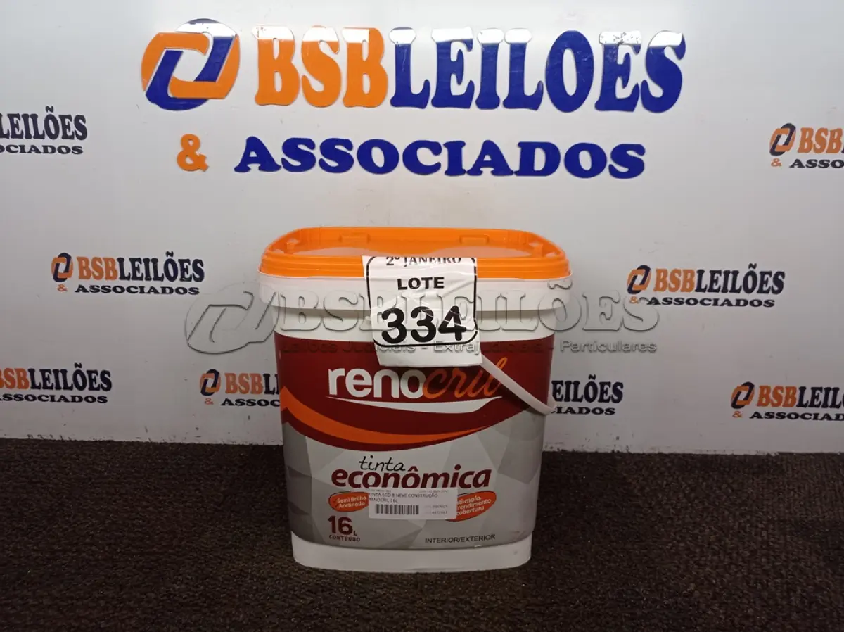 LOTE 334 - 01 BALDE DE TINTA RENOCRIL COR BRANCO NEVE 16L. (NO ESTADO) ATENÇÃO! FAZER A VISITAÇÃO ANTES DE ARREMATAR, NÃO SABEMOS SE FUNCIONA. LEILÃO NÃO TEM GARANTIA E NEM DEVOLUÇÃO, SUJEITO A POSSÍVEIS AVARIAS VISÍVEIS/OCULTAS E/OU AUSÊNCIA DE COMPONENTES.