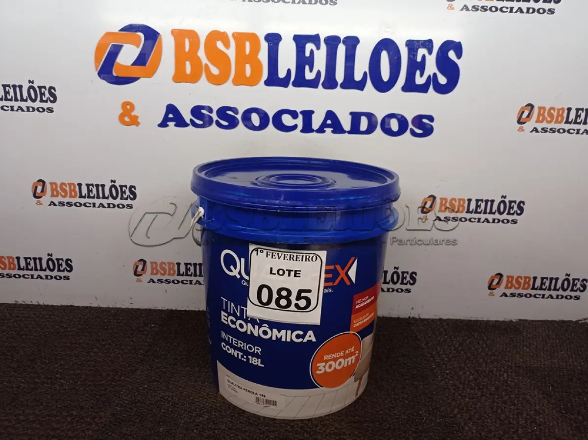 LOTE 085 - 01 GALÃO DE TINTA QUALITEX INTERIOR DE 18L NA COR PÉROLA. (NOVO) (NO ESTADO) ATENÇÃO! FAZER A VISITAÇÃO ANTES DE ARREMATAR, NÃO SABEMOS SE FUNCIONA. LEILÃO NÃO TEM GARANTIA E NEM DEVOLUÇÃO, SUJEITO A POSSÍVEIS AVARIAS VISÍVEIS/OCULTAS E/OU AUSÊNCIA DE COMPONENTES.