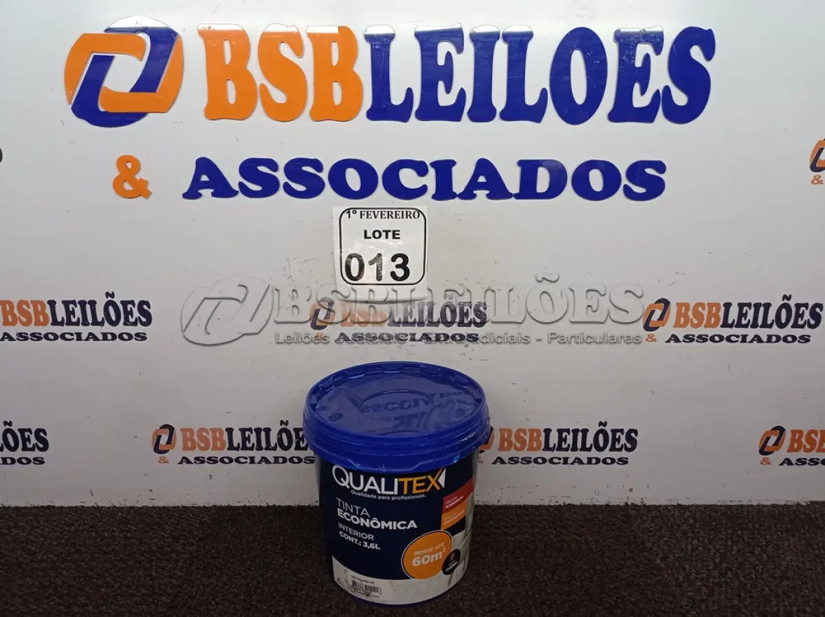LOTE 013 - 01 GALÃO DE TINTA PARA INTERIOR 3,6L COR AREIA MARCA QUALITEX. (NOVO) (NO ESTADO) ATENÇÃO! FAZER A VISITAÇÃO ANTES DE ARREMATAR, NÃO SABEMOS SE FUNCIONA. LEILÃO NÃO TEM GARANTIA E NEM DEVOLUÇÃO, SUJEITO A POSSÍVEIS AVARIAS VISÍVEIS/OCULTAS E/OU AUSÊNCIA DE COMPONENTES.